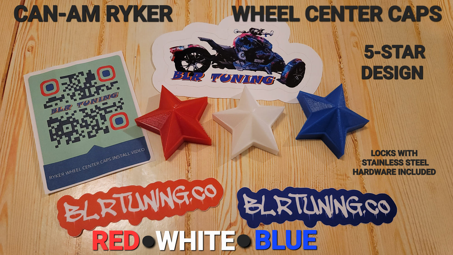 CAN-AM RYKER RED WHITE AND BLUE FIVE STAR WHEEL CENTER CAPS